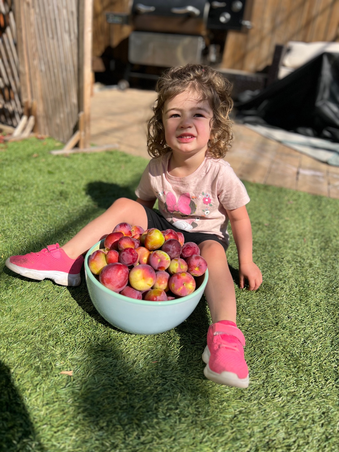Toddler grinning beside a bowl of summer plums
